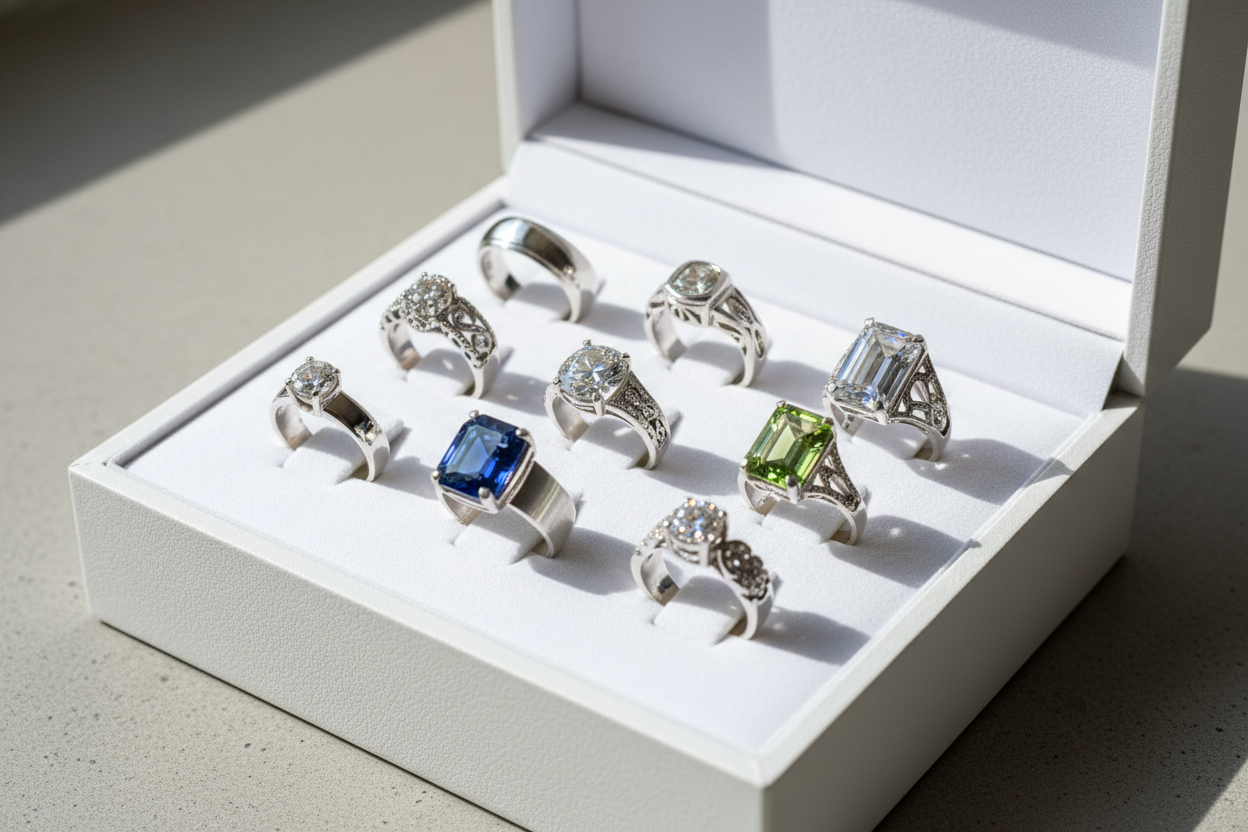 full white calour box of silver rings looks ashetic and eyes catching