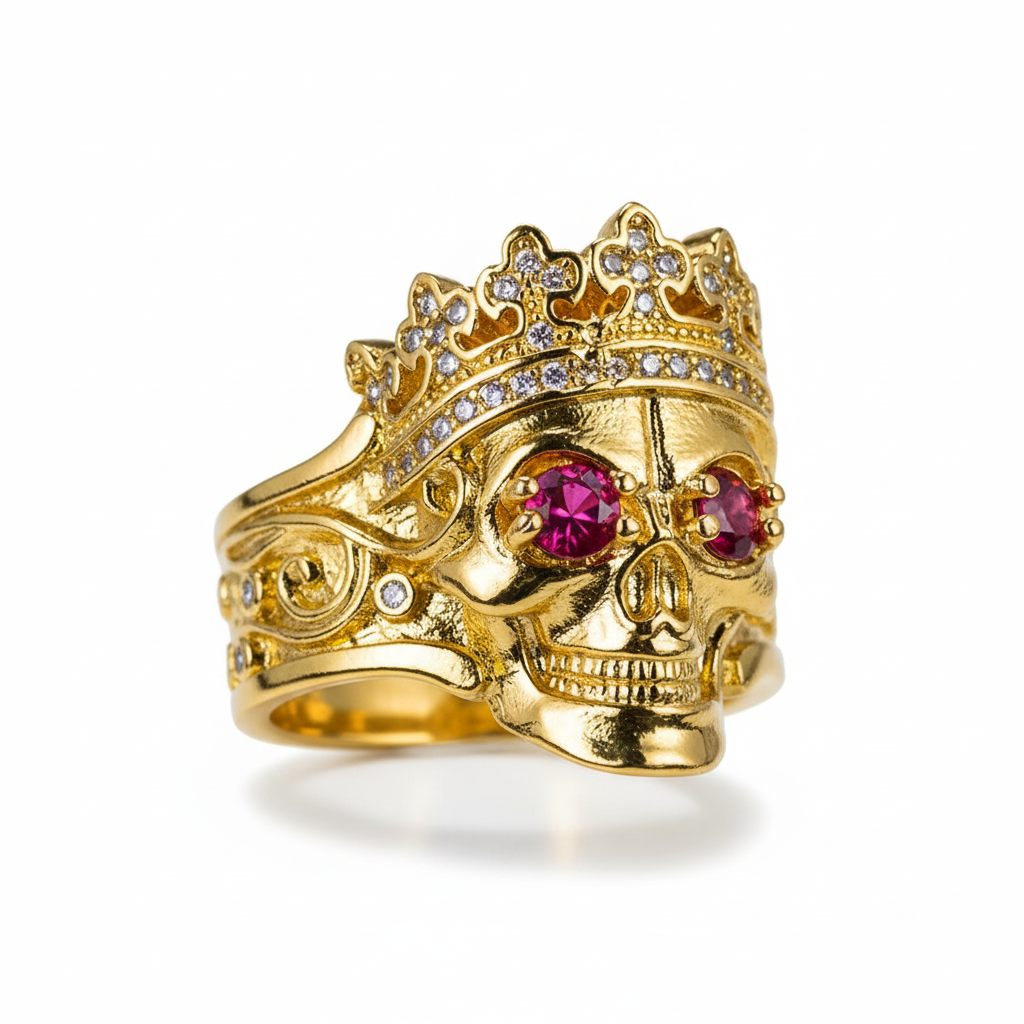 Skull Crown Ring - Gold with Ruby Eyes